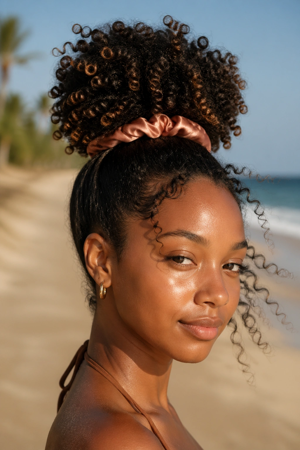 Portrait of a real woman with a high puff hairstyle on a windy beach
