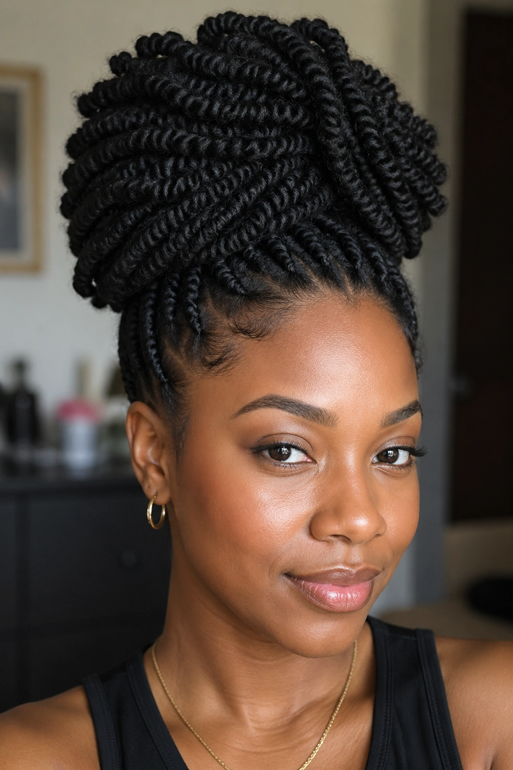 Front view of High Puff Marley Twists on a real woman