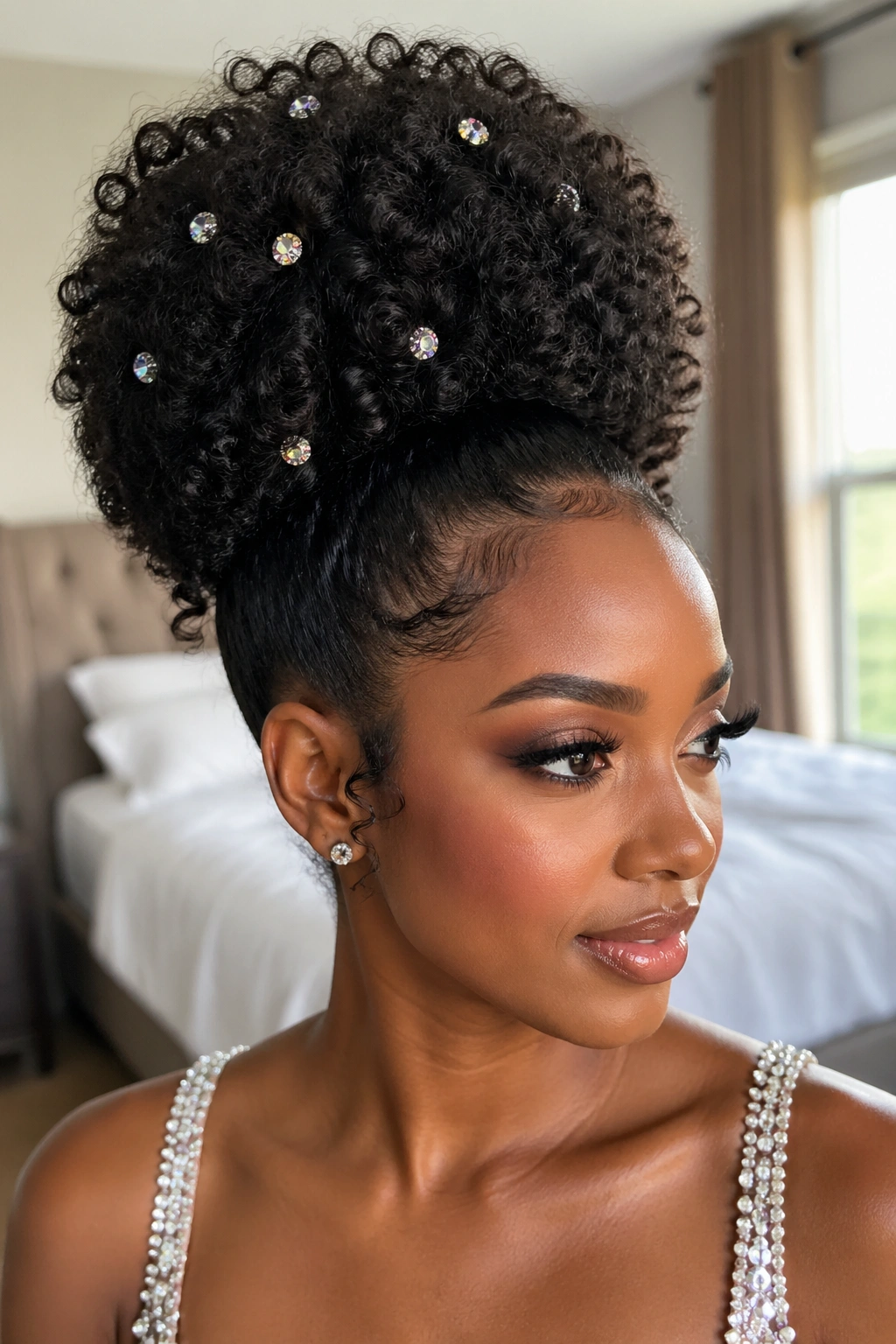Woman with a large high puff hairstyle adorned with rhinestone pins