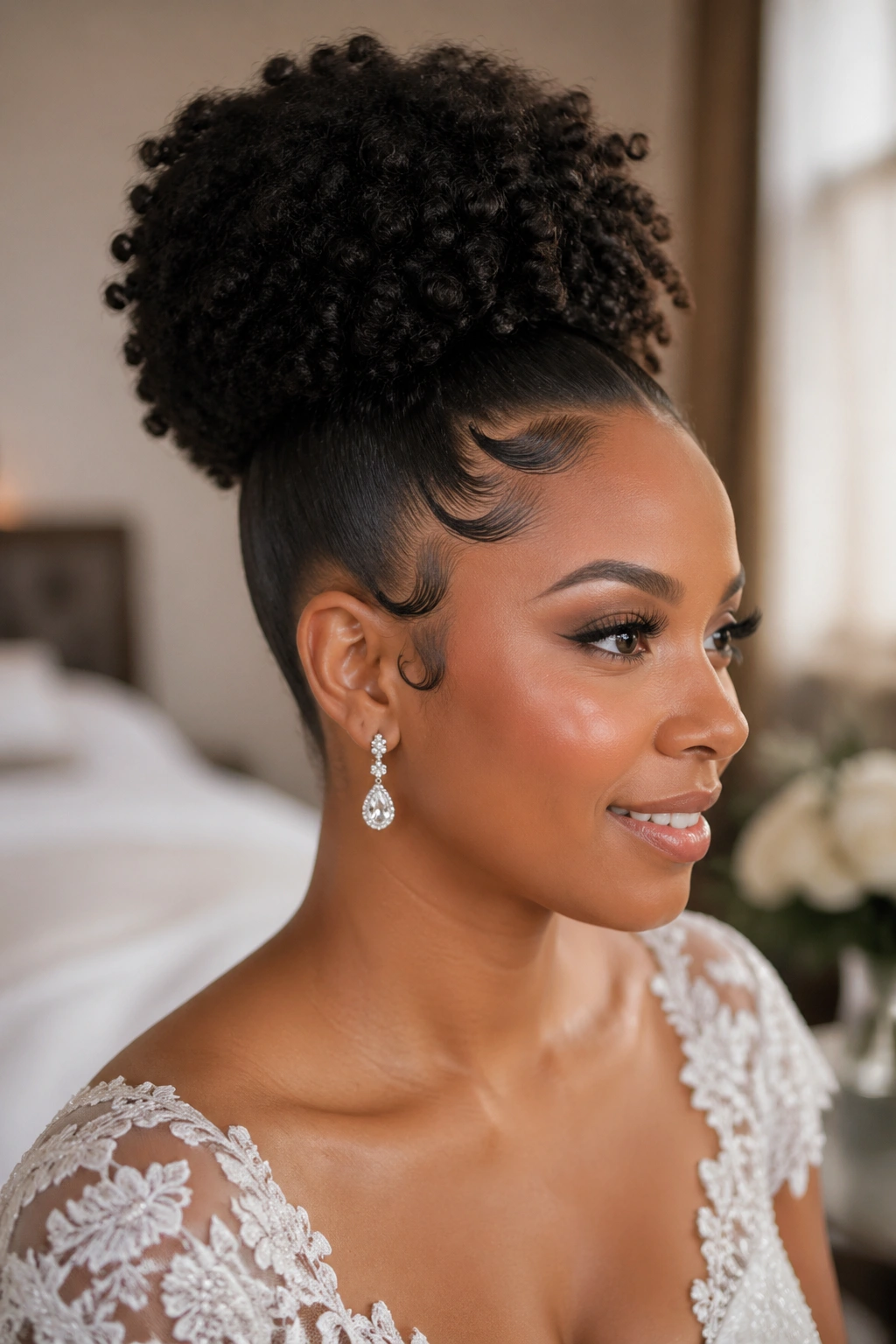Close-up of a bride's high puff ponytail with sculpted edges