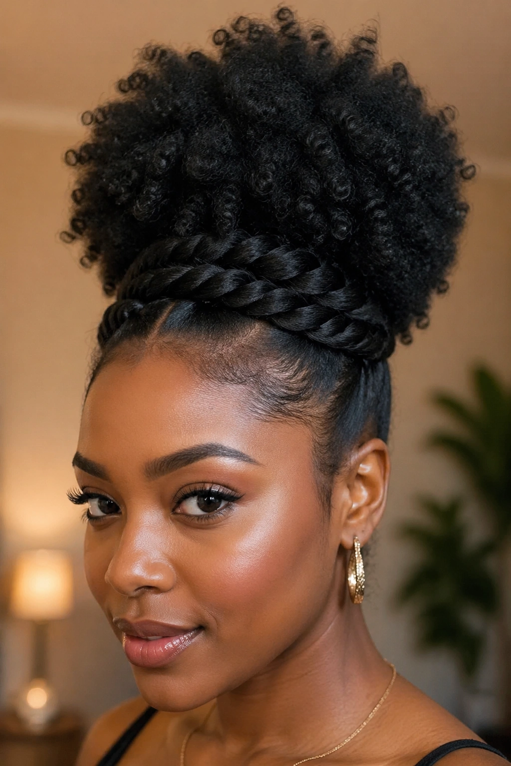 Close-up of a real woman showing high puff with twisted crown hairstyle