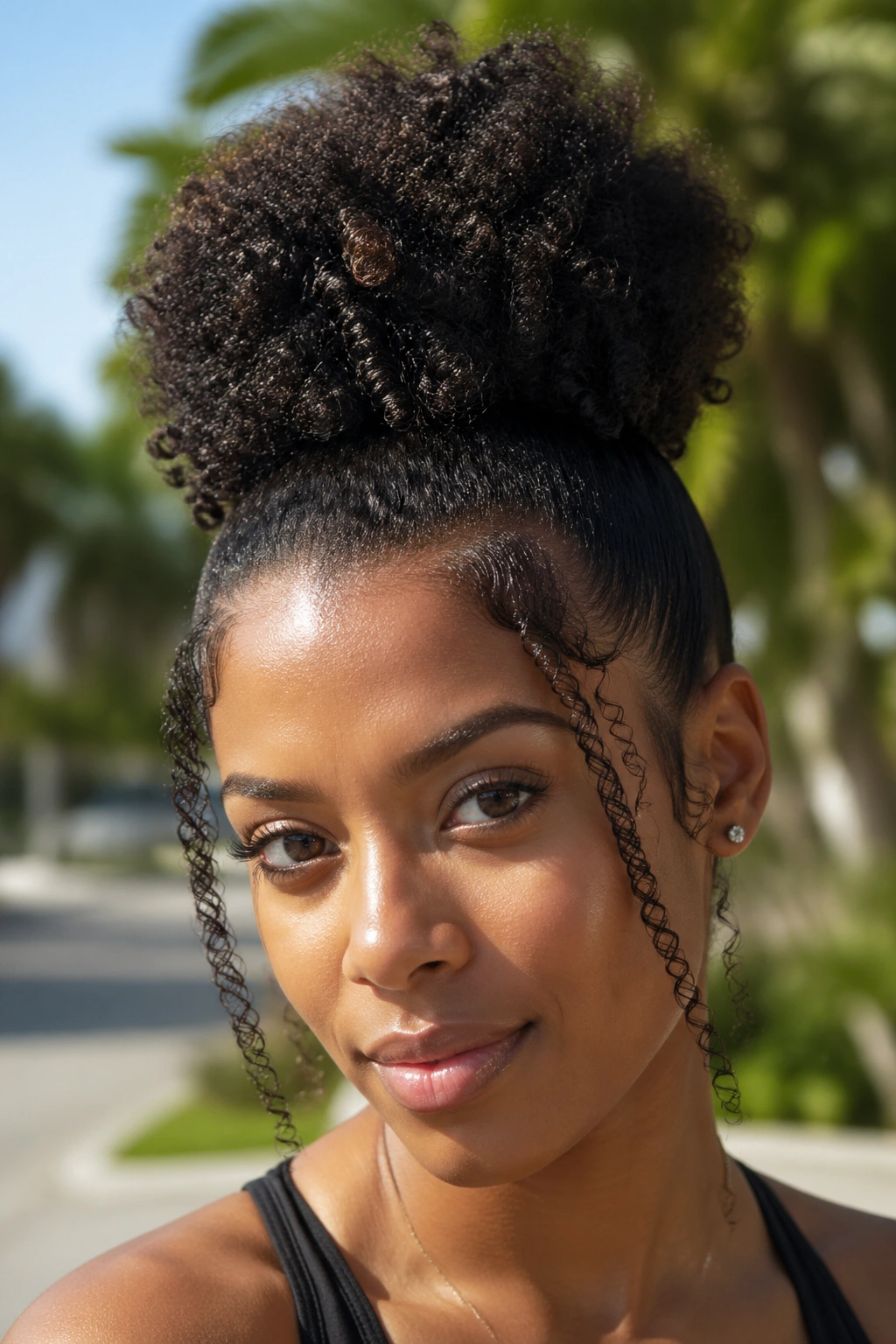Real woman with a high summer puff hairstyle in bright outdoor light.