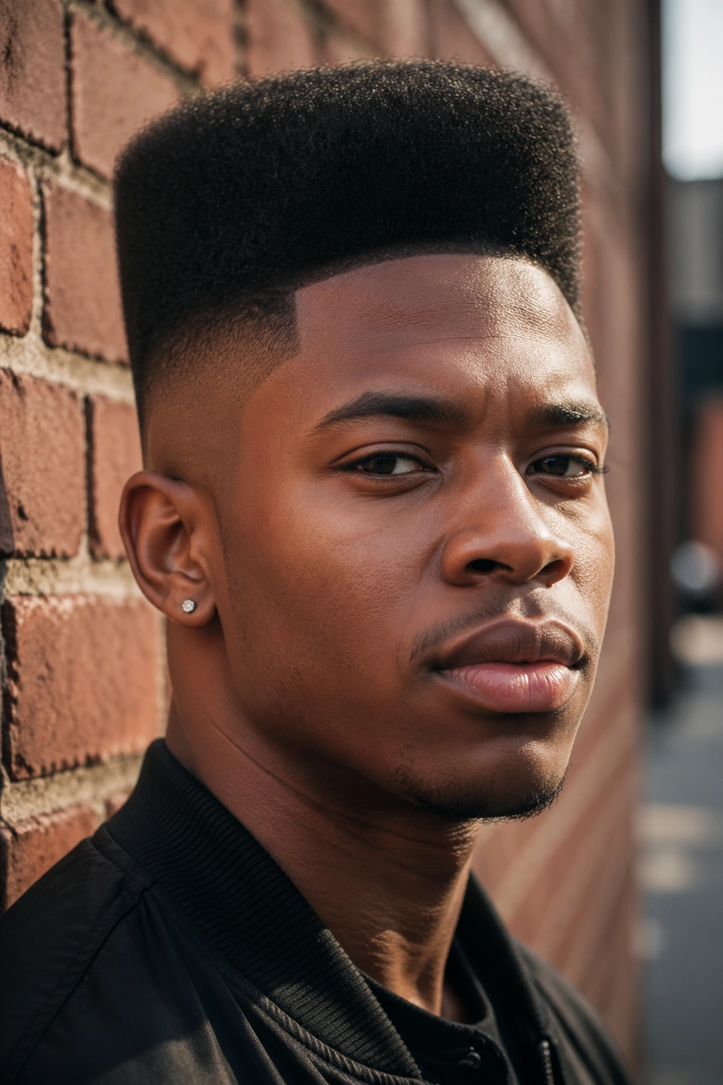 Close-up portrait of a person with a high top fade and sharp side fades in an urban setting
