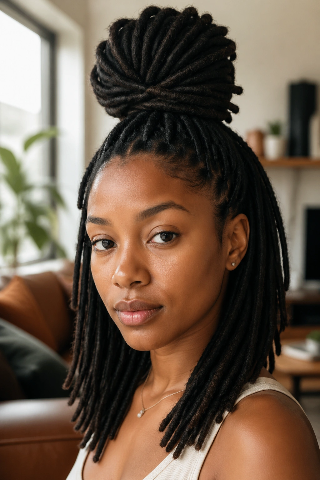 Close-up of a real woman with a high loc top knot