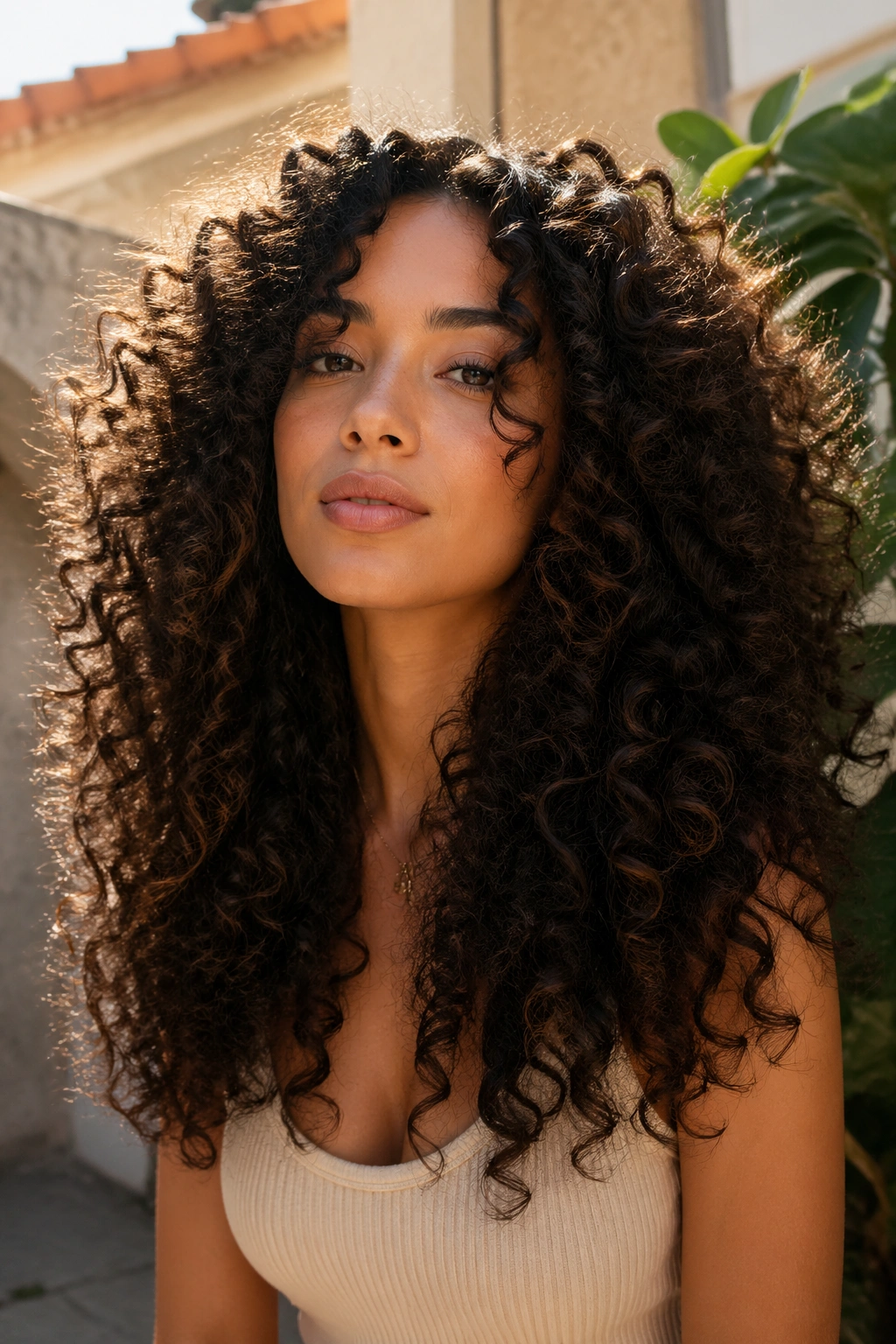 Real person with high-volume long layered curls outdoors in sunlight