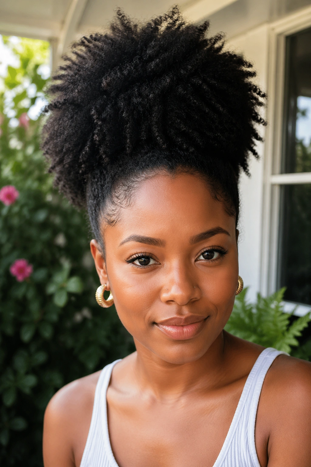Close-up of a real person with high-volume puff and lifted roots outdoors