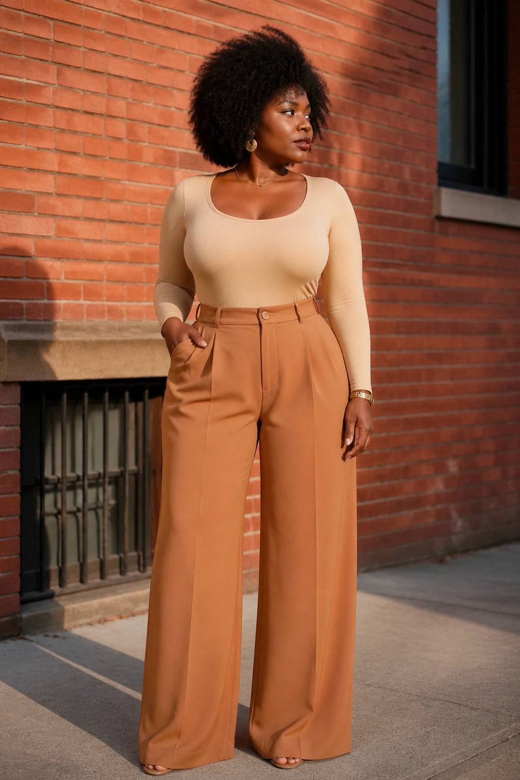 Woman in high-waisted wide-leg trousers and fitted top showing waist definition