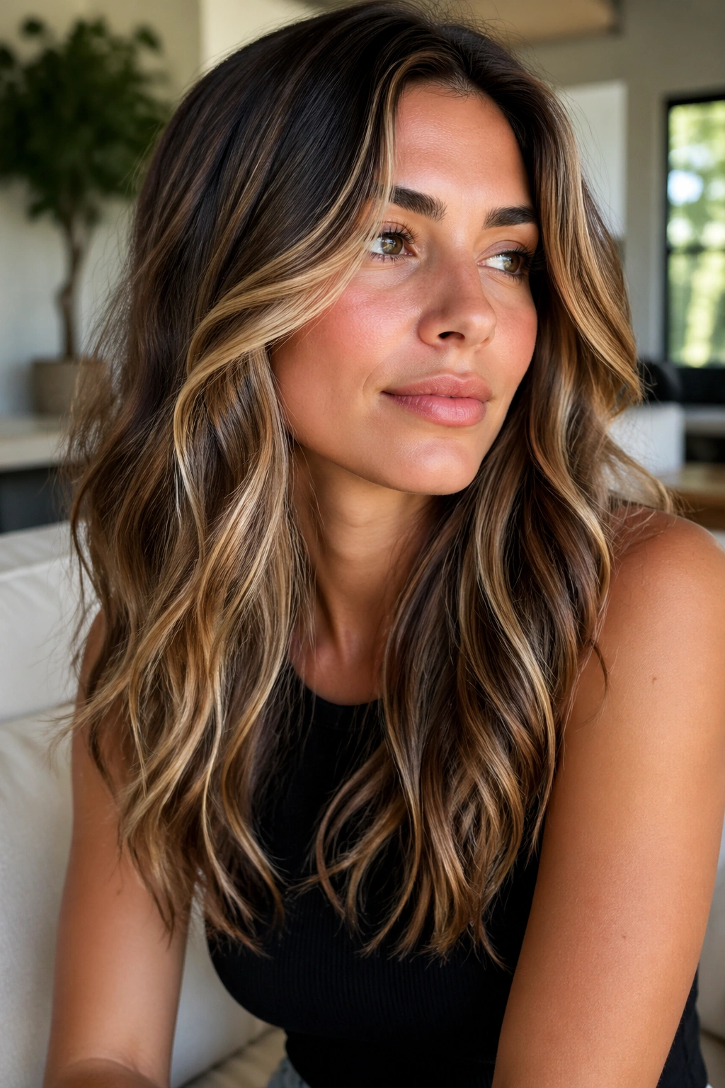Close-up portrait of a real woman with highlighted waves around the face