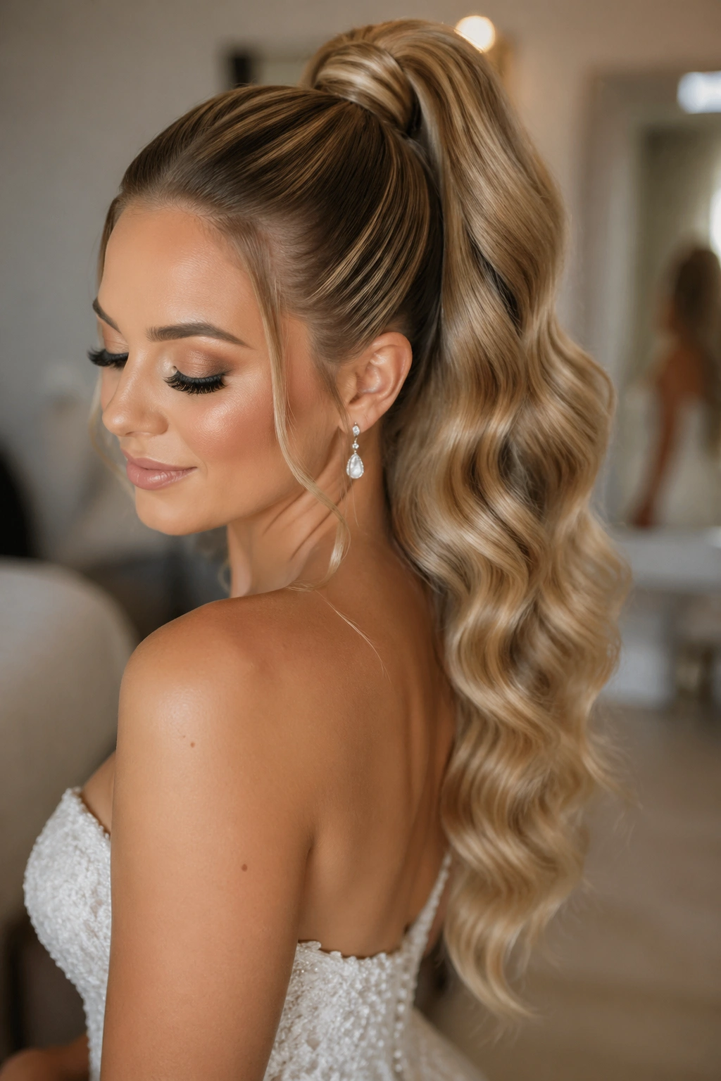 Bride with Hollywood wave high ponytail