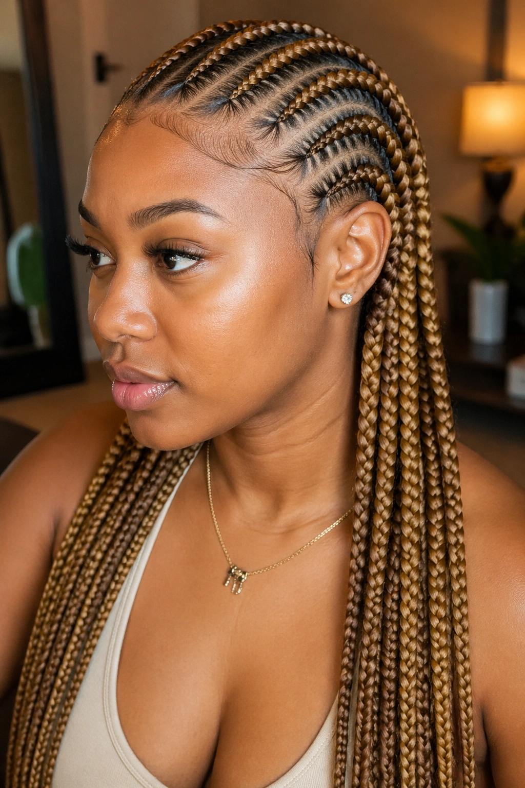 Real woman with honey blonde cornrows in a warm-lit interior