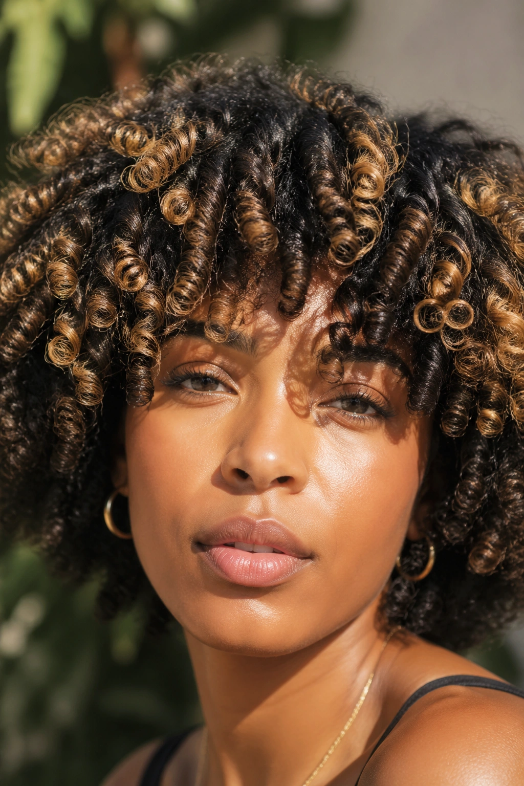 Close-up of dark natural curls with honey blonde highlights in warm light