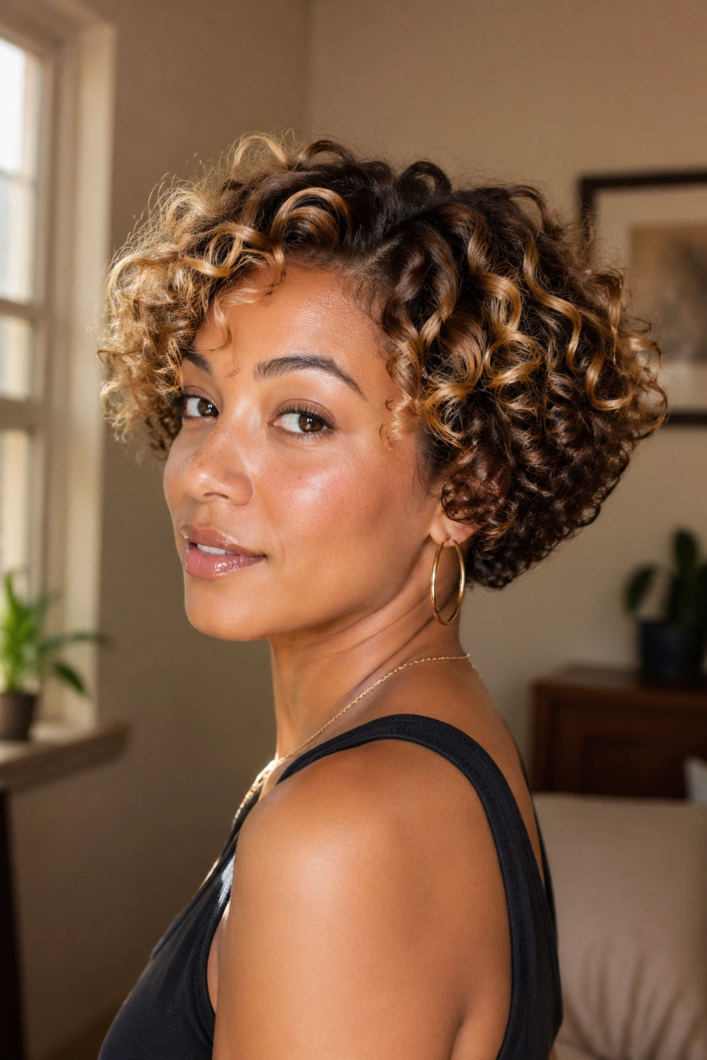 Close-up of a woman with honey blonde highlights on a short curly bob, warm window light.