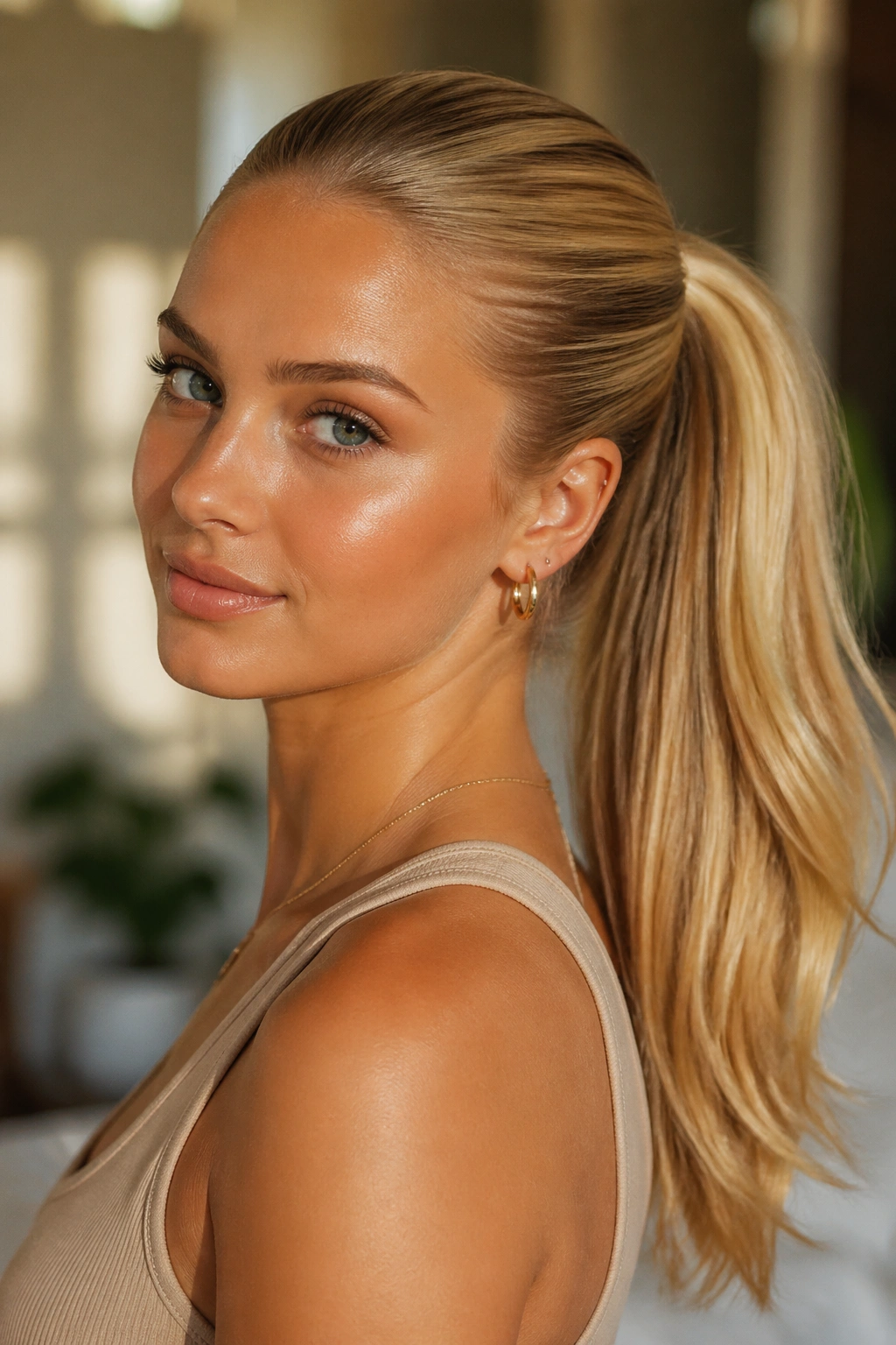 Honey-blonde soft-gloss ponytail close-up on real woman