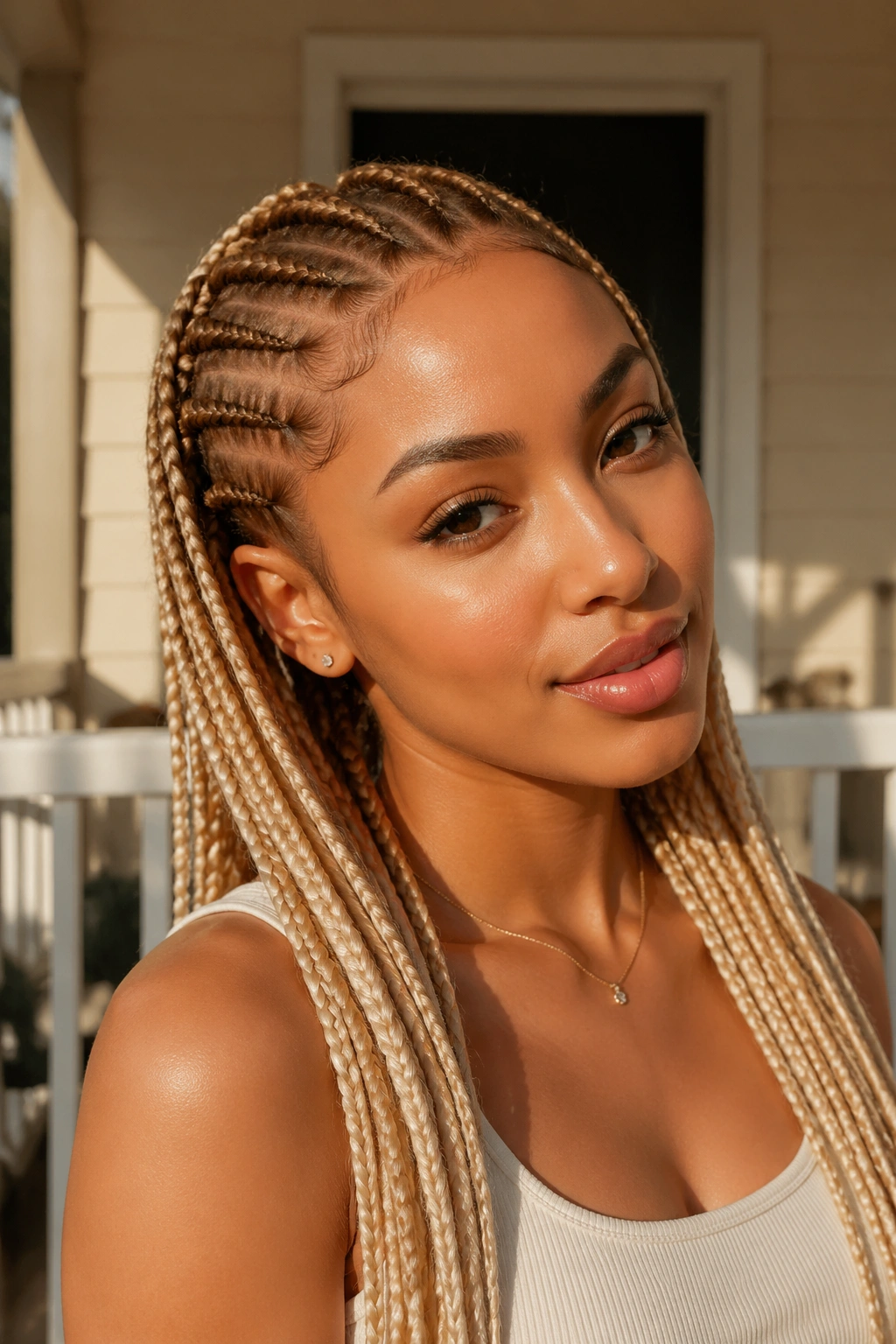 Close-up of honey-to-champagne ombre cornrows in golden hour light.