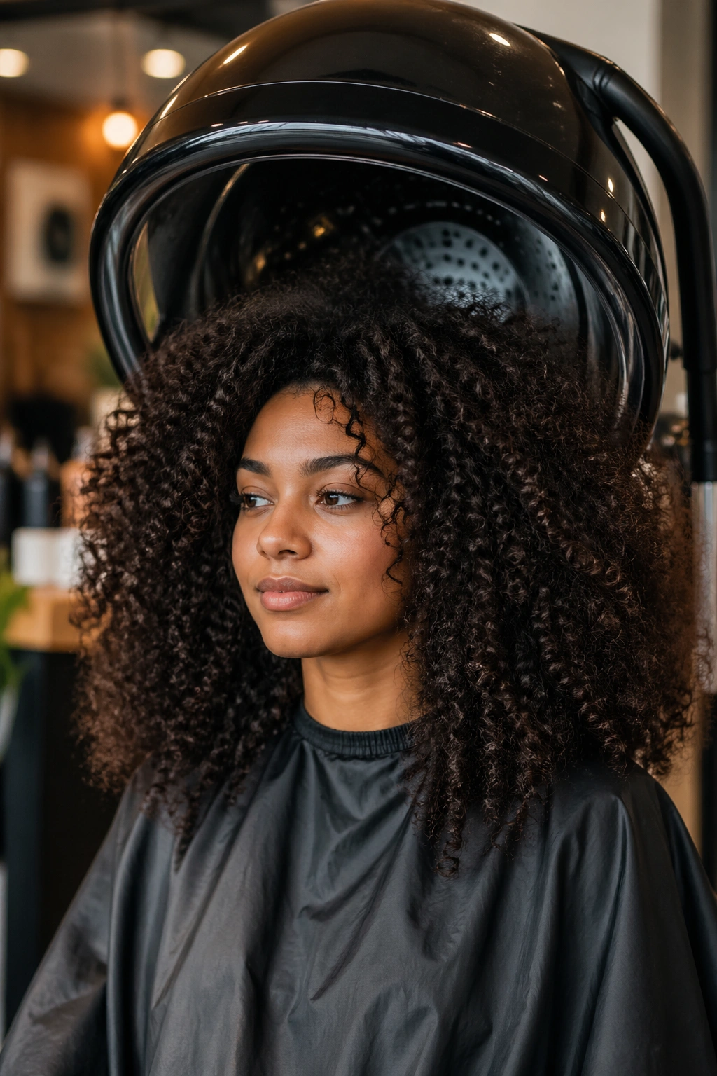 Real person under hooded dryer with thick curls drying