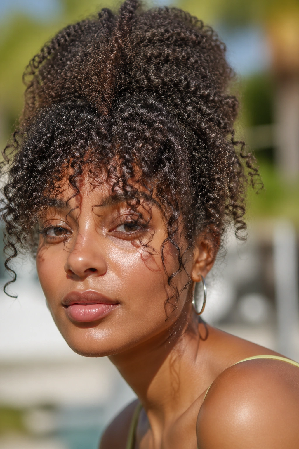 Close-up of curly hair with glossy curls and light frizz outdoors
