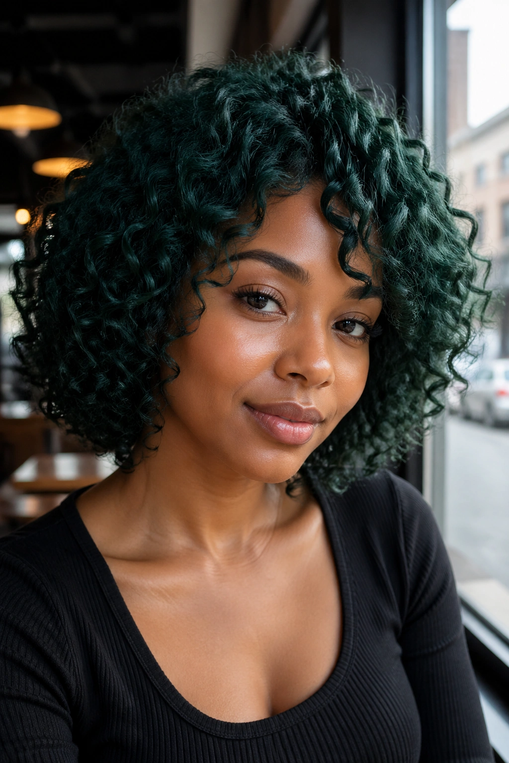 Close-up of a real woman's hunter green curly bob in cafe window light