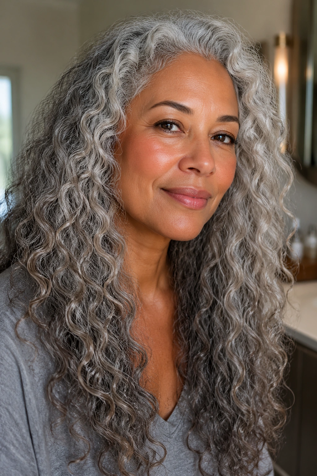 Close-up of hydrated long grey curls with shine in soft indoor light