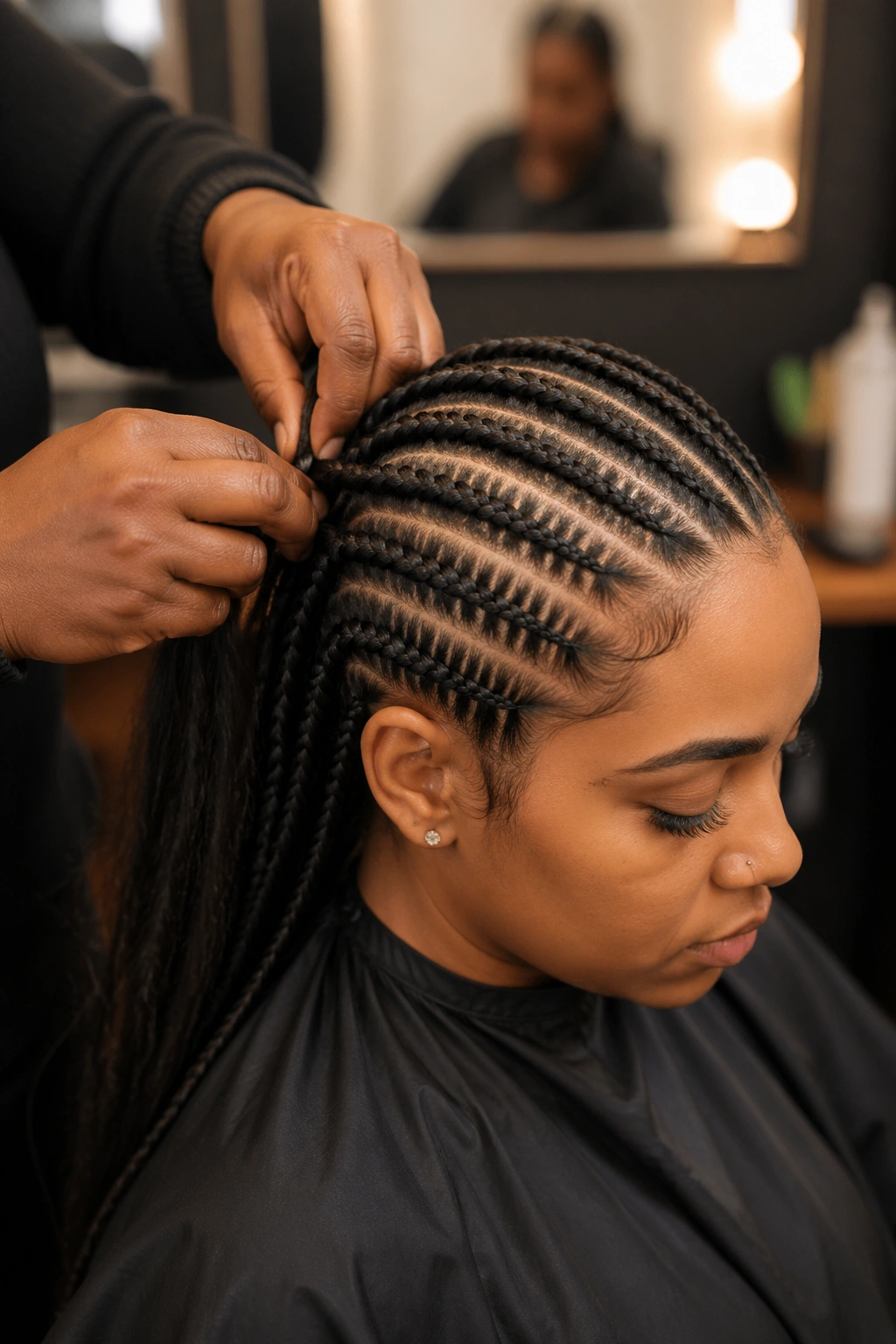 Close-up of a real person mid-braid in a salon during installation