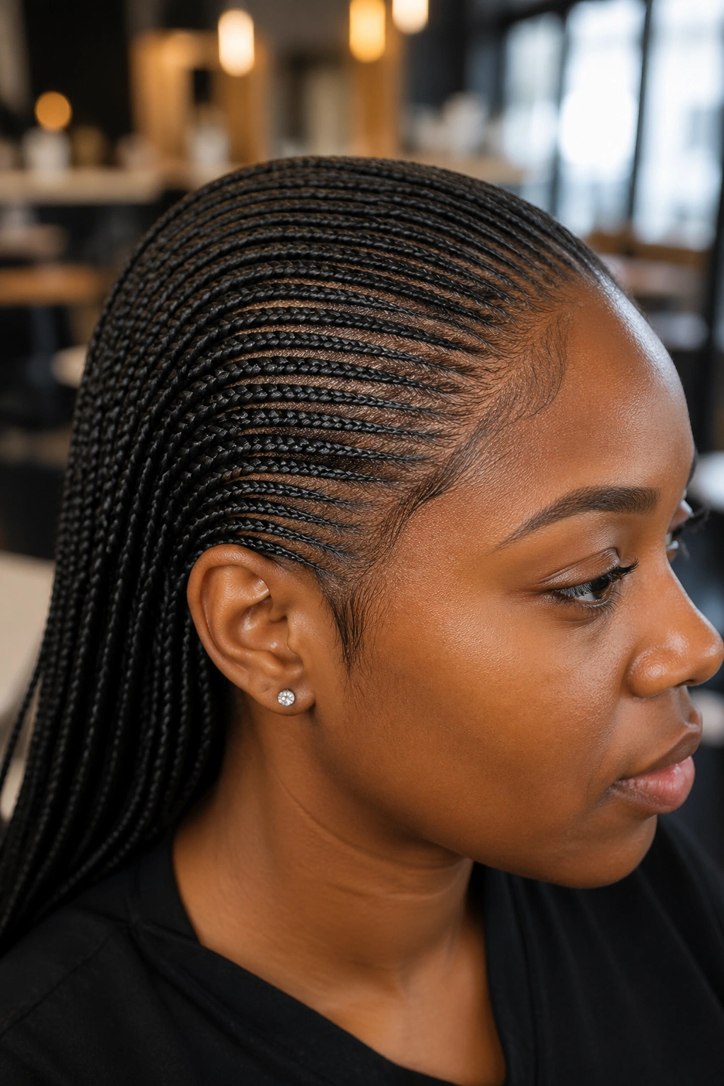 Close-up of invisible braids blending with natural hair on a real person