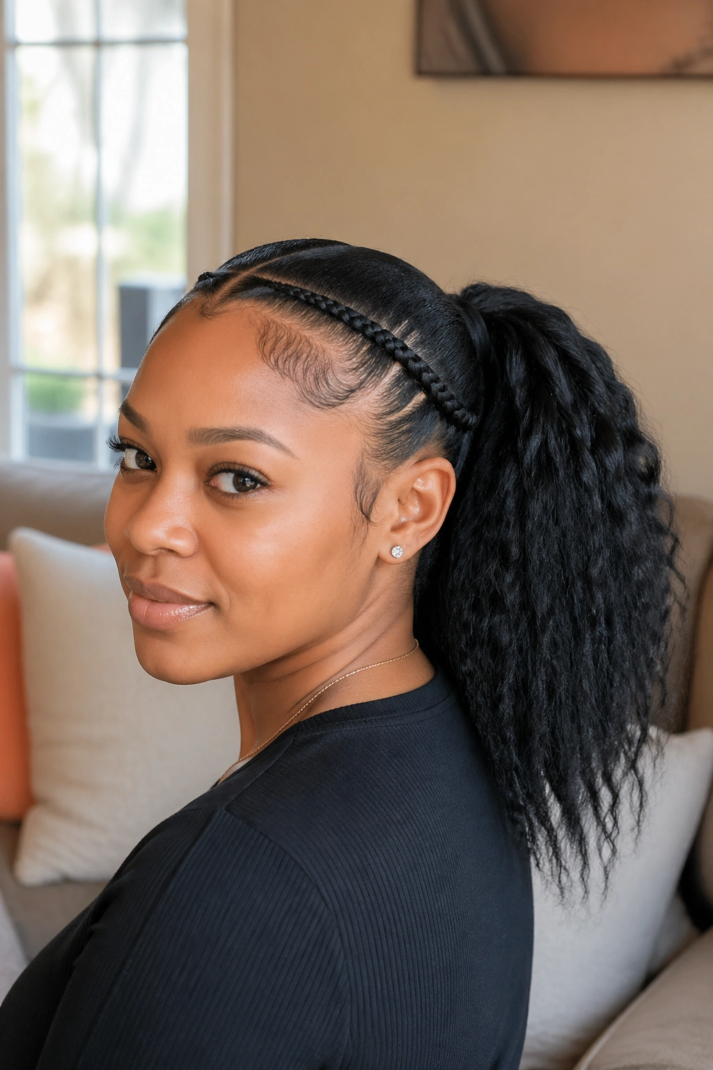 Real woman with two thin cornrows and a thick voluminous ponytail
