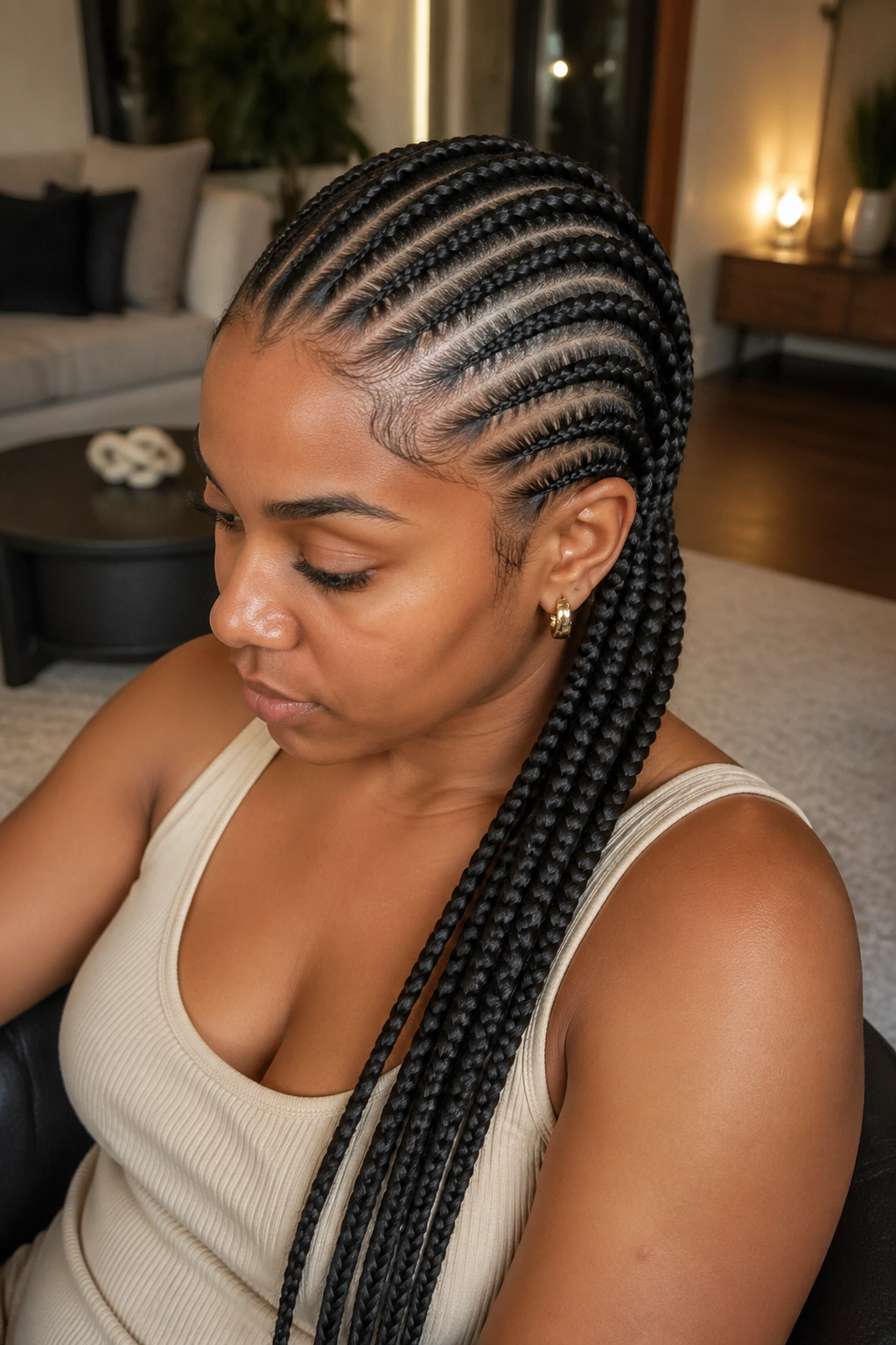 Close-up of real person with twelve cornrows featuring invisible feed-ins