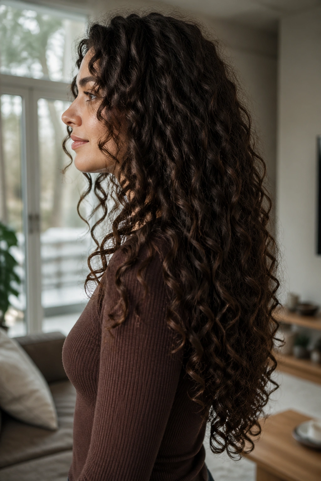 Side-profile portrait of a person with long curls showing invisible interior layers.