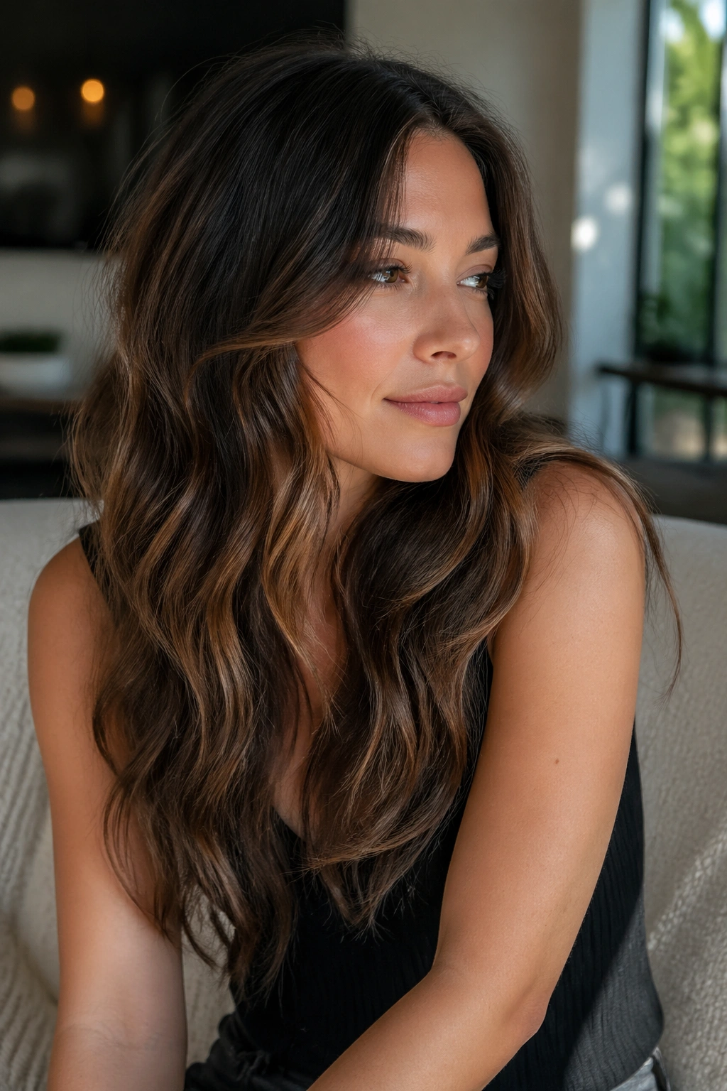 Close-up portrait of a real woman with invisible layers and soft waves
