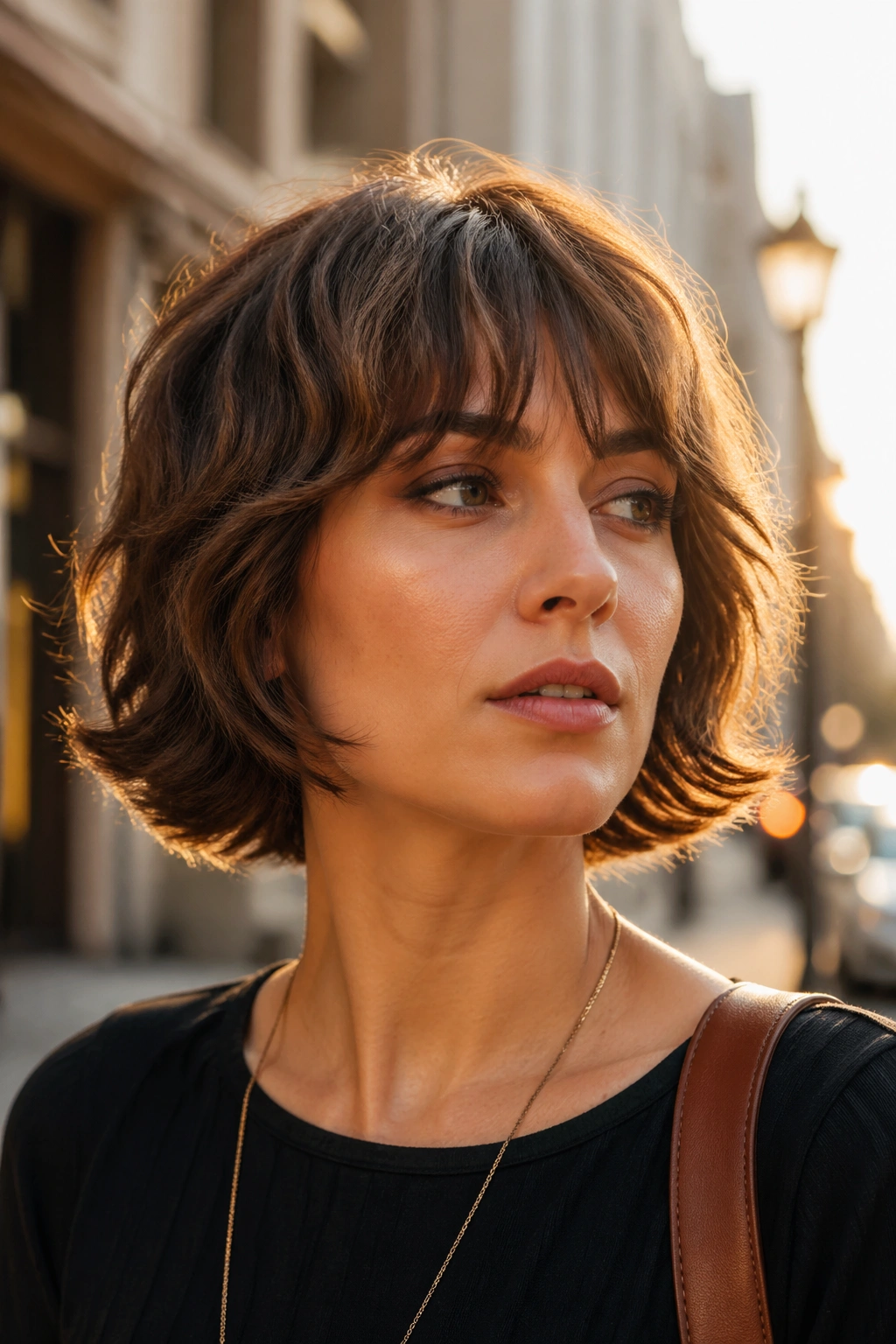 Close-up portrait of a real person with Jaw-Skimming Shag and flipped ends in golden hour light