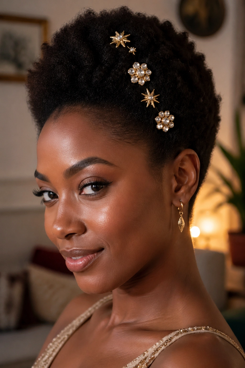 Real woman with a jeweled pinned Afro hairstyle