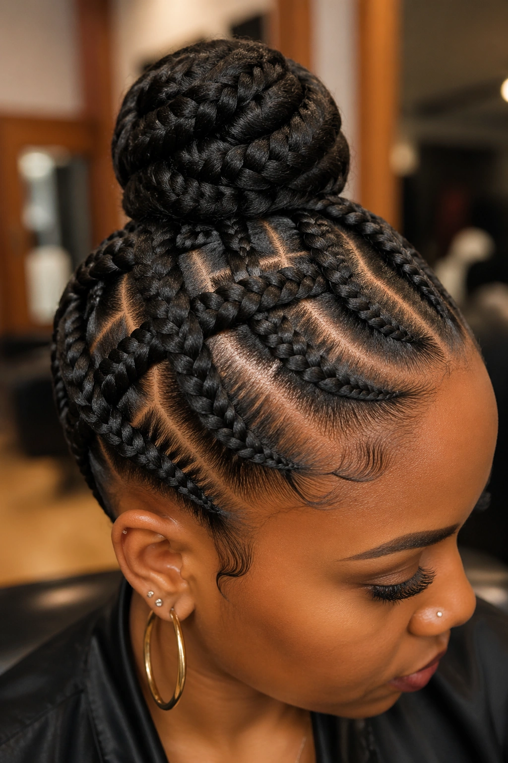 Jumbo cornrow basketweave updo on a real woman