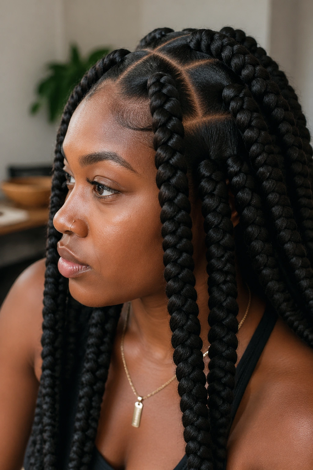 Real person with jumbo box braids filling the frame under warm indoor light