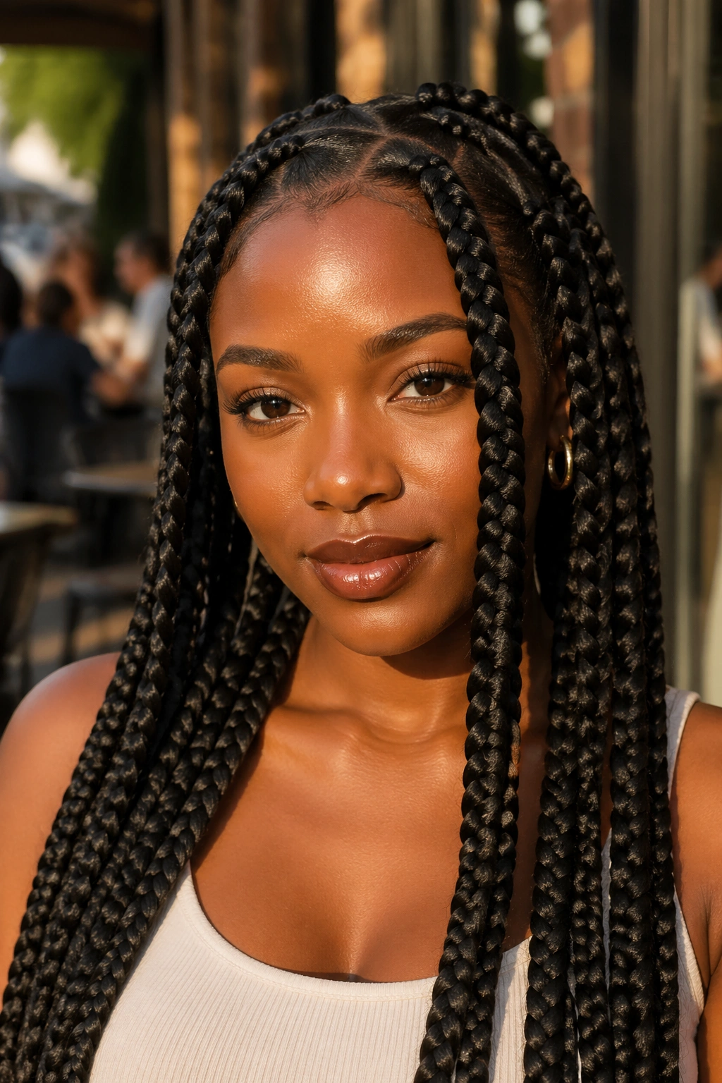 Real woman with jumbo box braids in sunlit outdoor cafe, close-up portrait