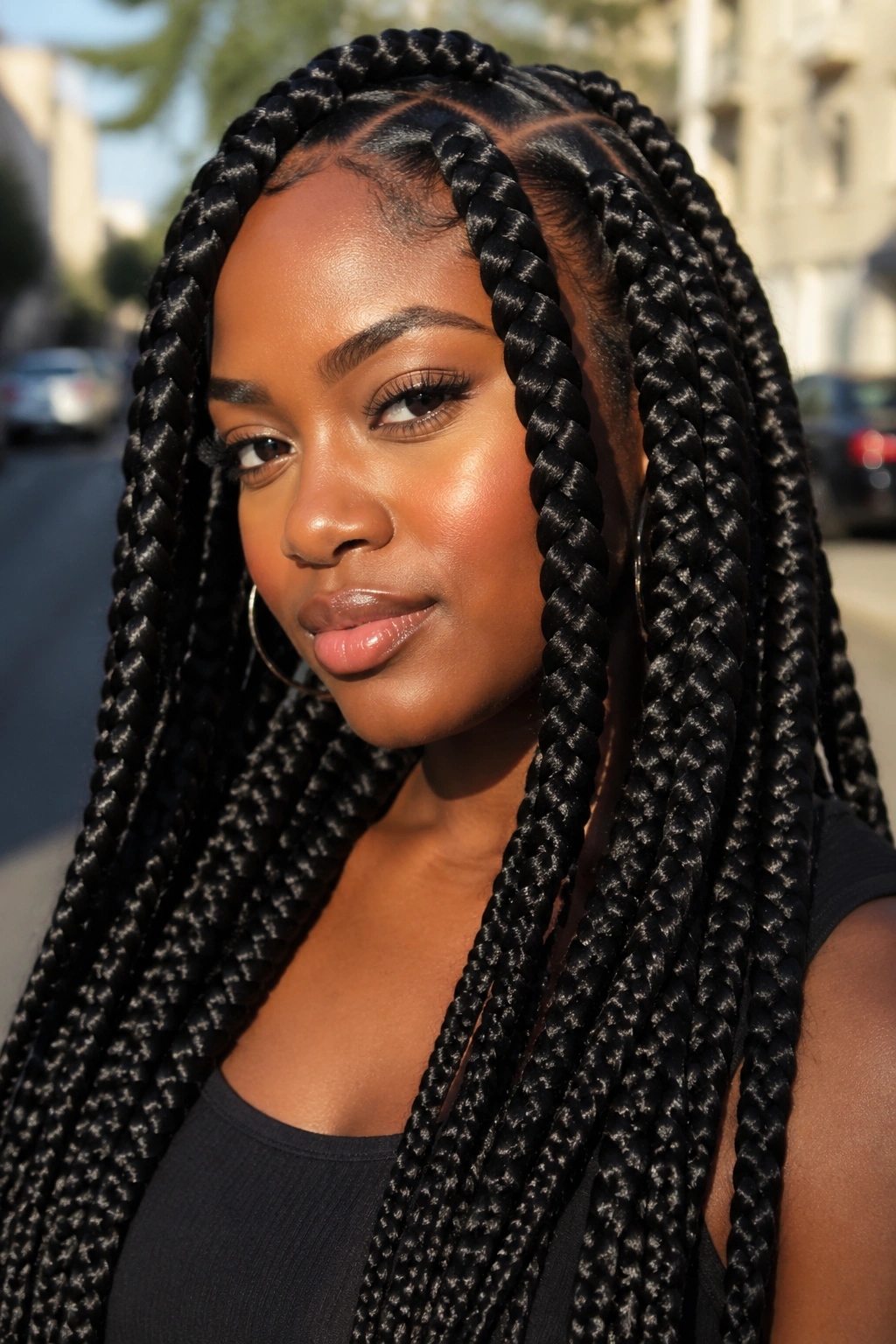Close-up of a real woman with jumbo box braids filling the frame