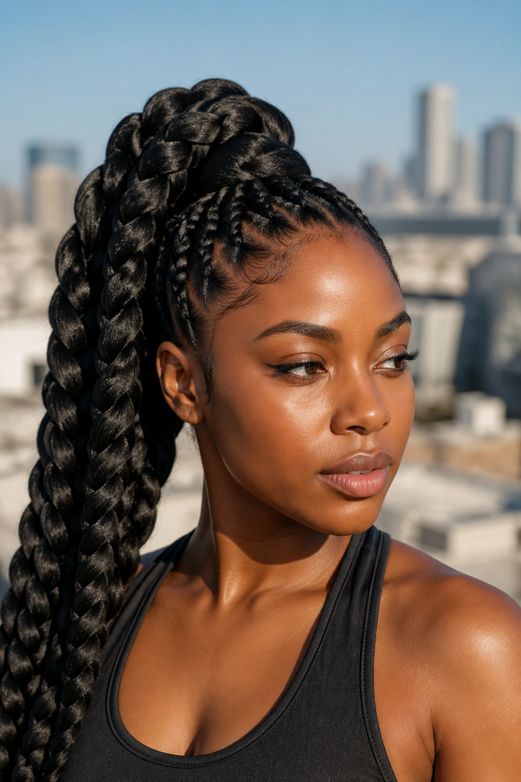 Woman with jumbo box braids ponytail on rooftop