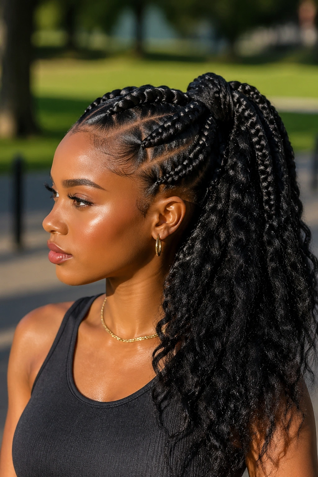 Two jumbo braids into a volumized ponytail on a real person