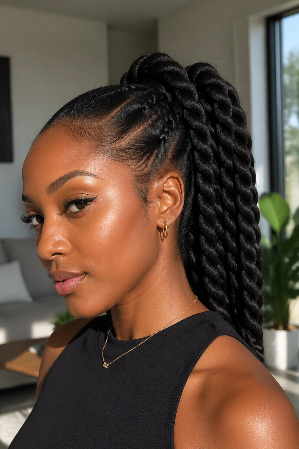 Close-up of a real woman with jumbo chunky twists in a bold ponytail in a living room