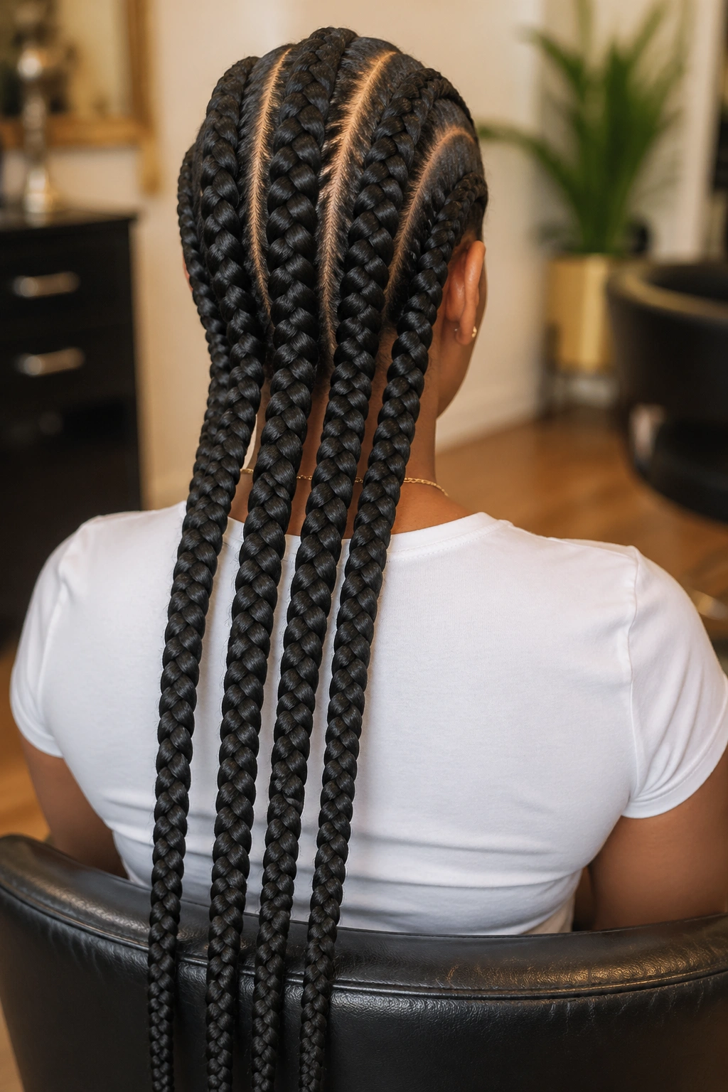 Rear view of real person with four jumbo cornrows down the back