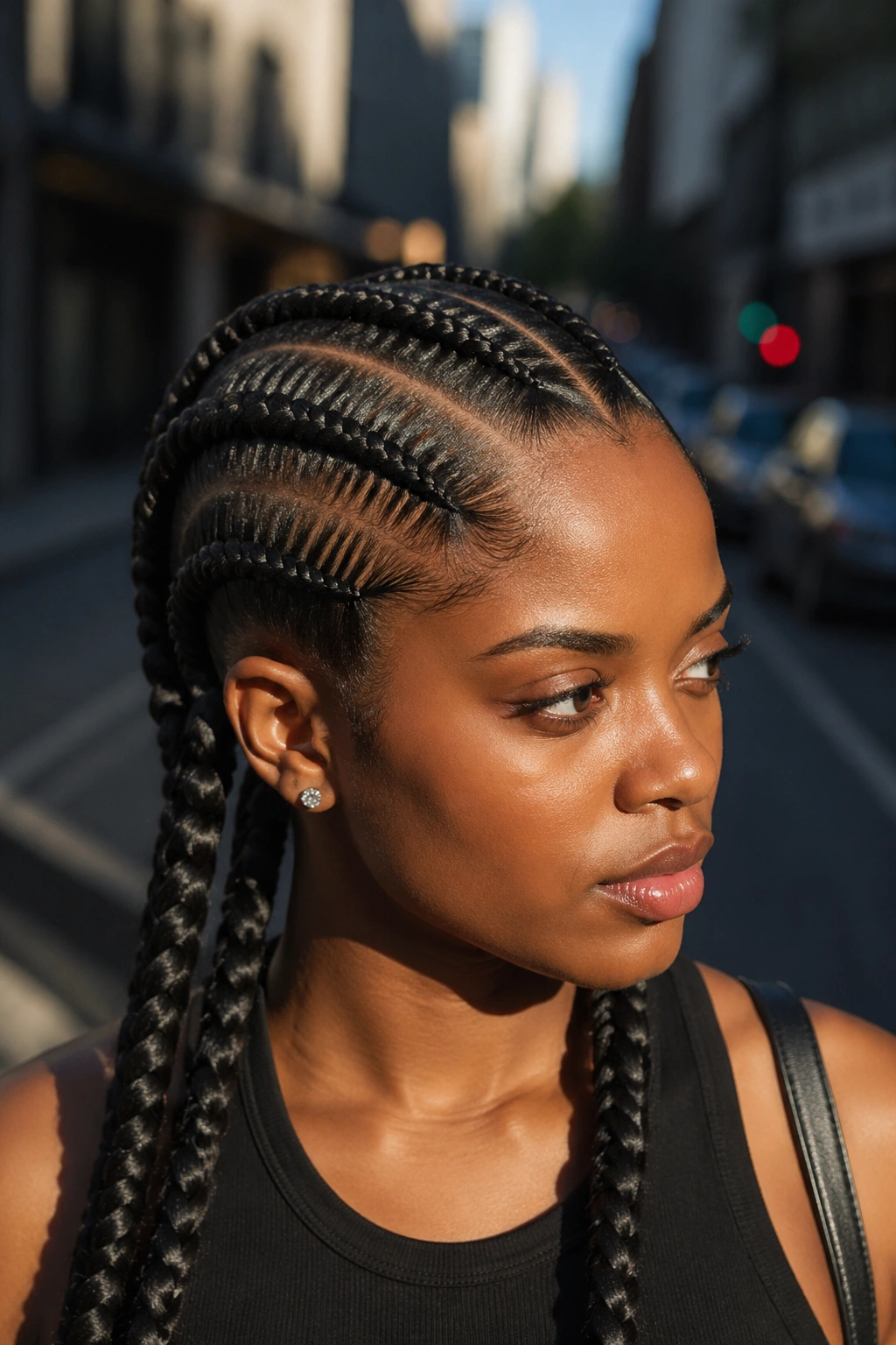 Portrait of a woman with jumbo cornrows and a deep side part outdoors