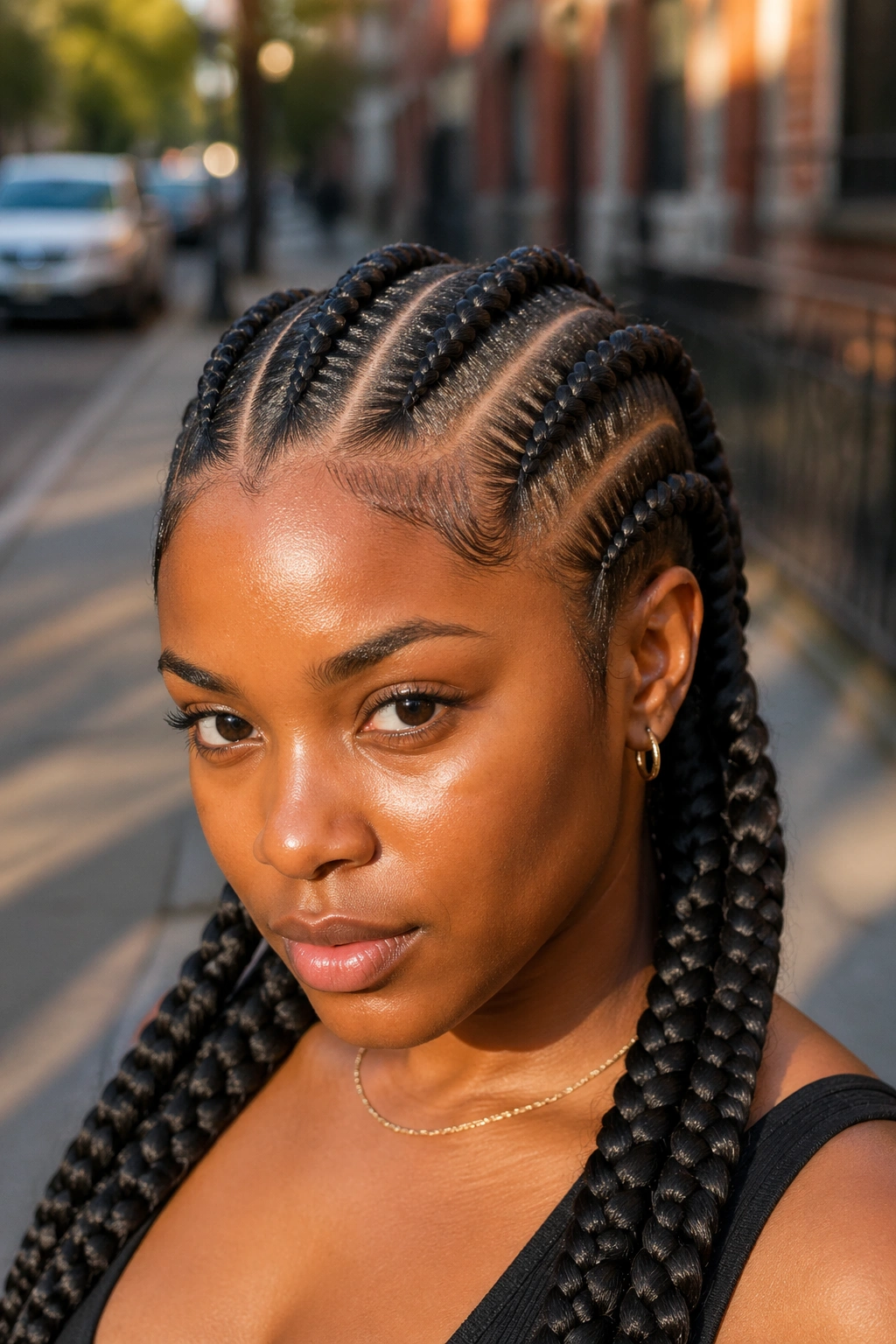 Close-up of a real woman with five jumbo straight-back cornrows in outdoor golden hour light