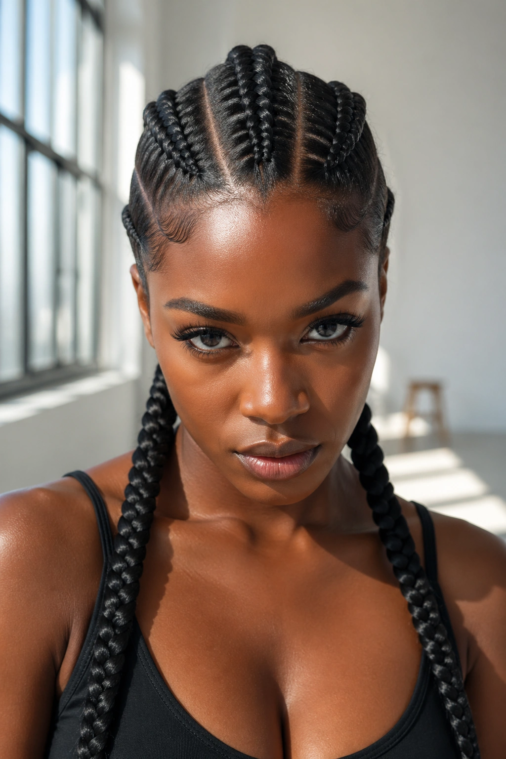 Close-up of three jumbo cornrows on a real person's head