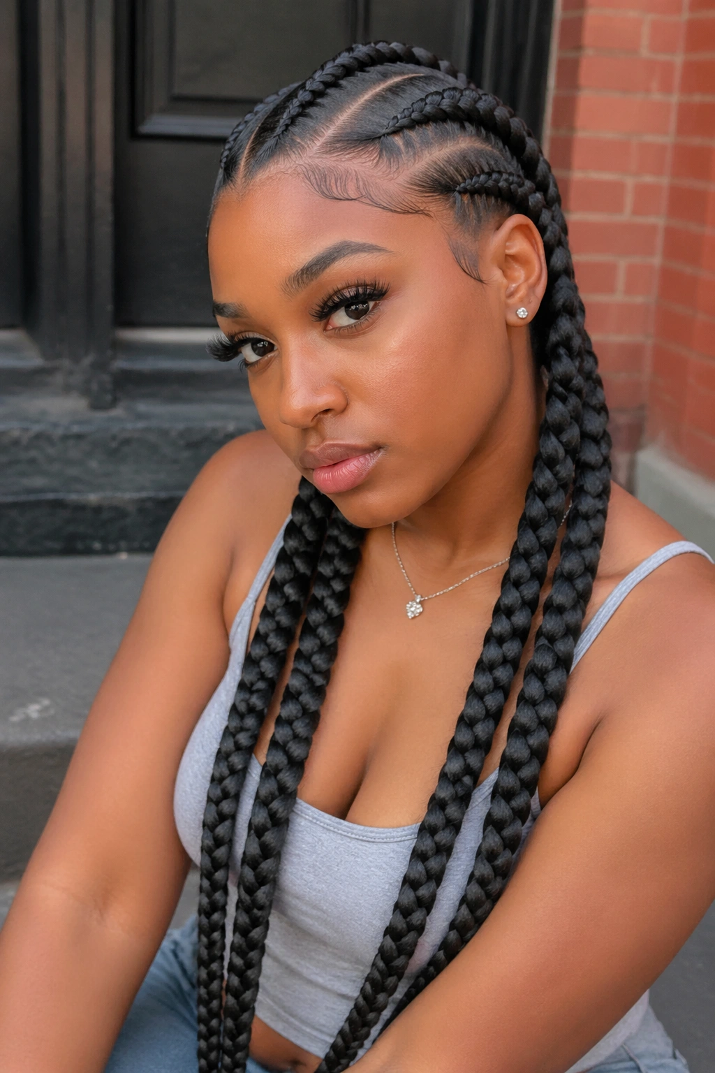 Real person with four jumbo feed-in braids outdoors