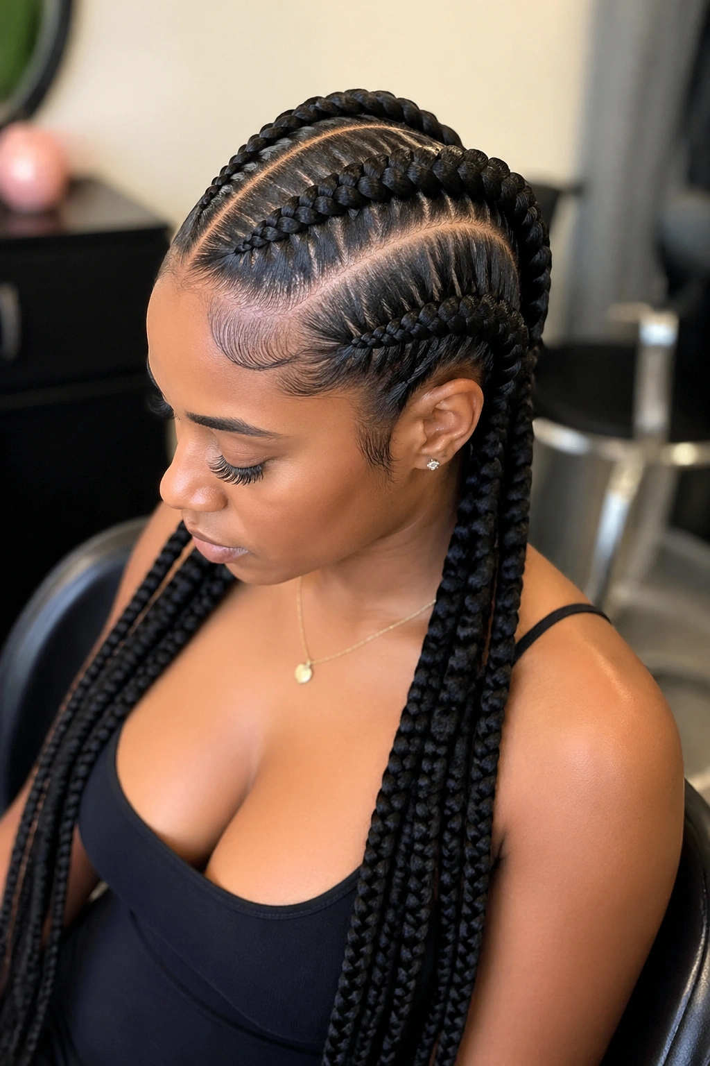 Jumbo knotless cornrow crown with long box braids on a real person