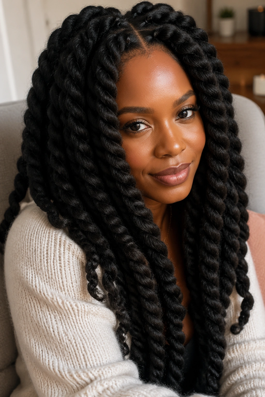 Close-up portrait of real woman with jumbo Marley twists dominating the frame