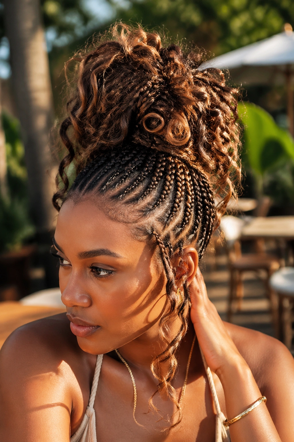 Portrait of a woman with jumbo messy bun and curly ends outdoors.