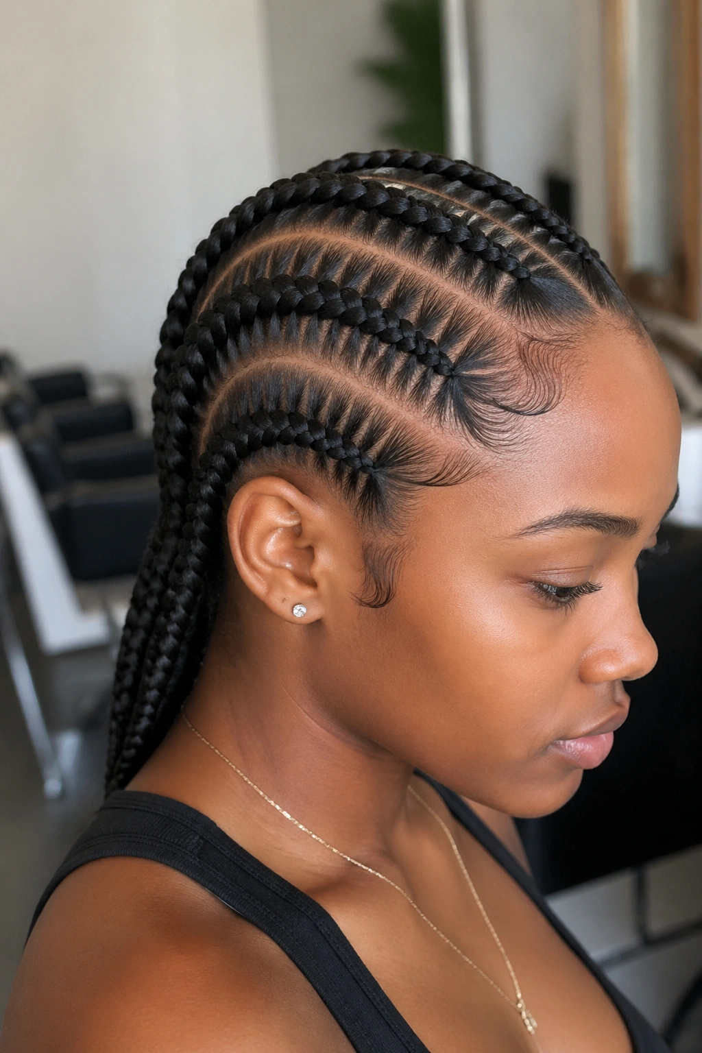 Close-up of jumbo stitch cornrows on a real woman with bold wide stitches