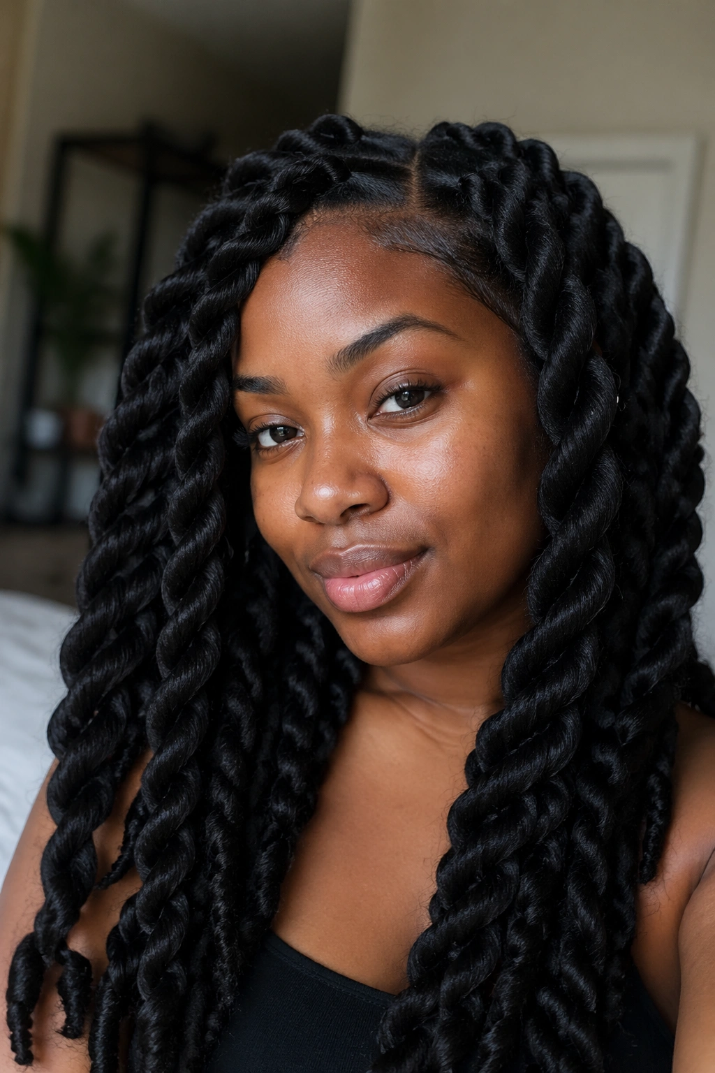 Close-up of a real woman with jumbo Senegalese twists on natural thick hair