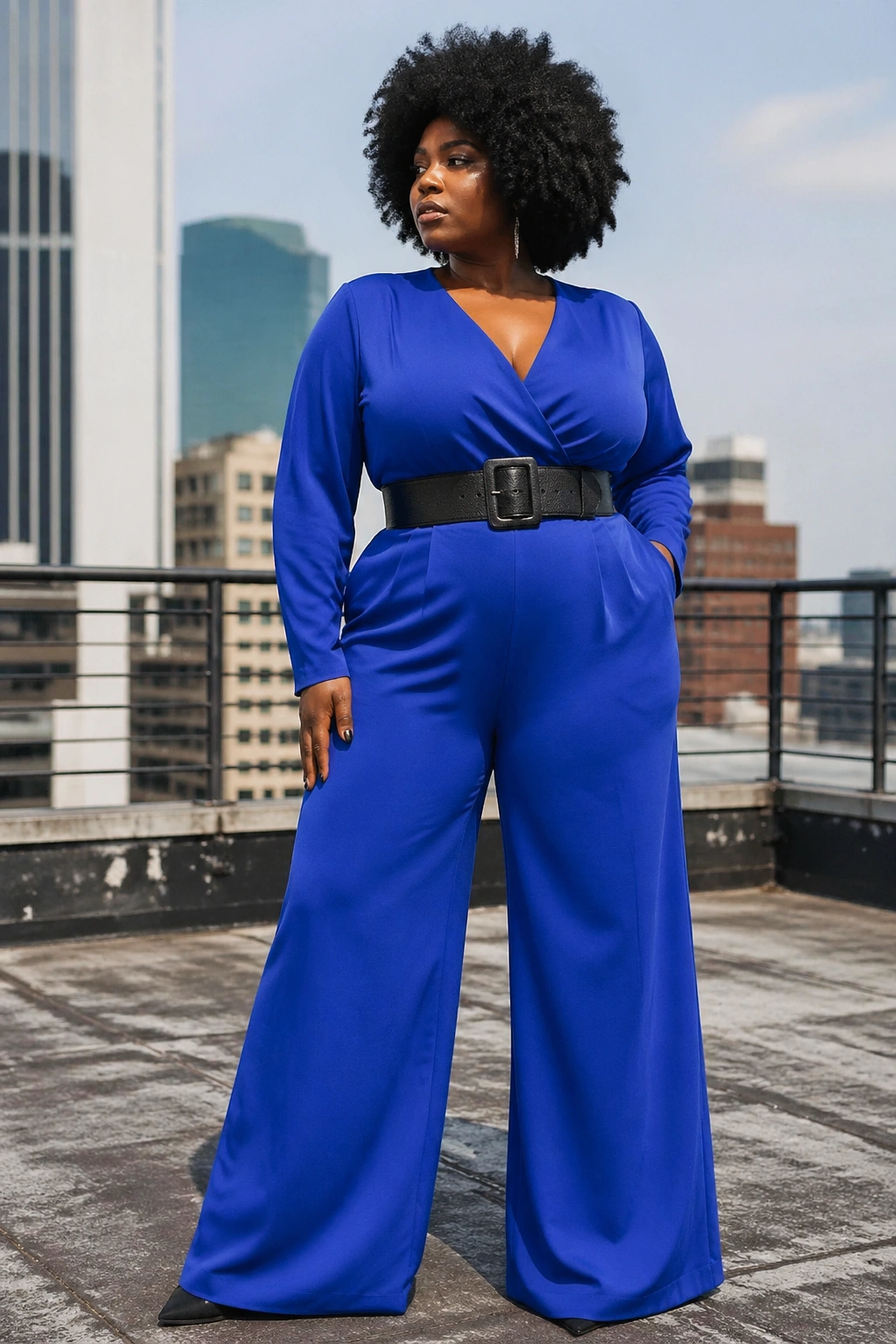 Woman wearing cobalt jumpsuit with a wide belt on a rooftop.