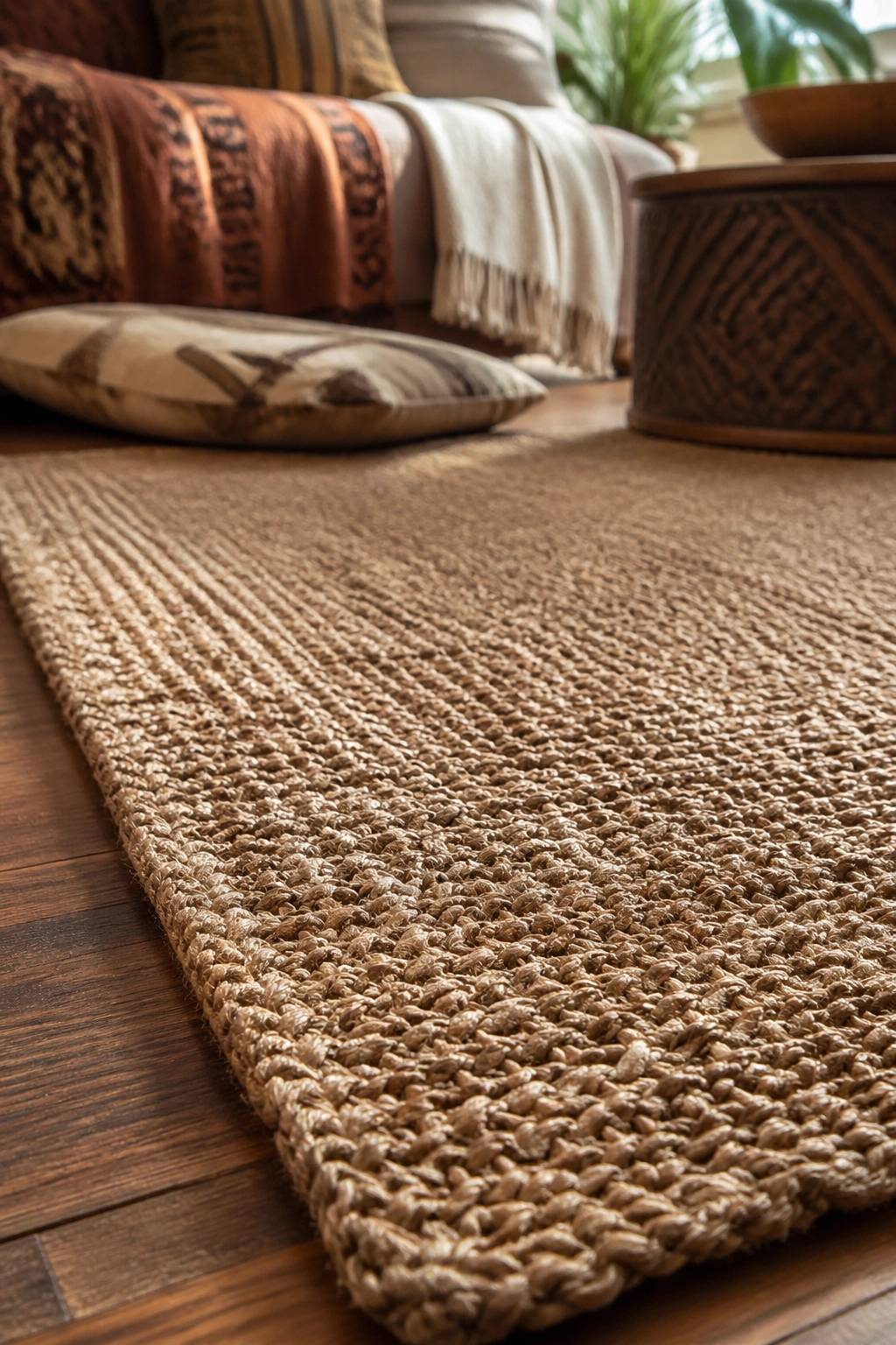 Textured jute rug on wooden floor in a cozy living room