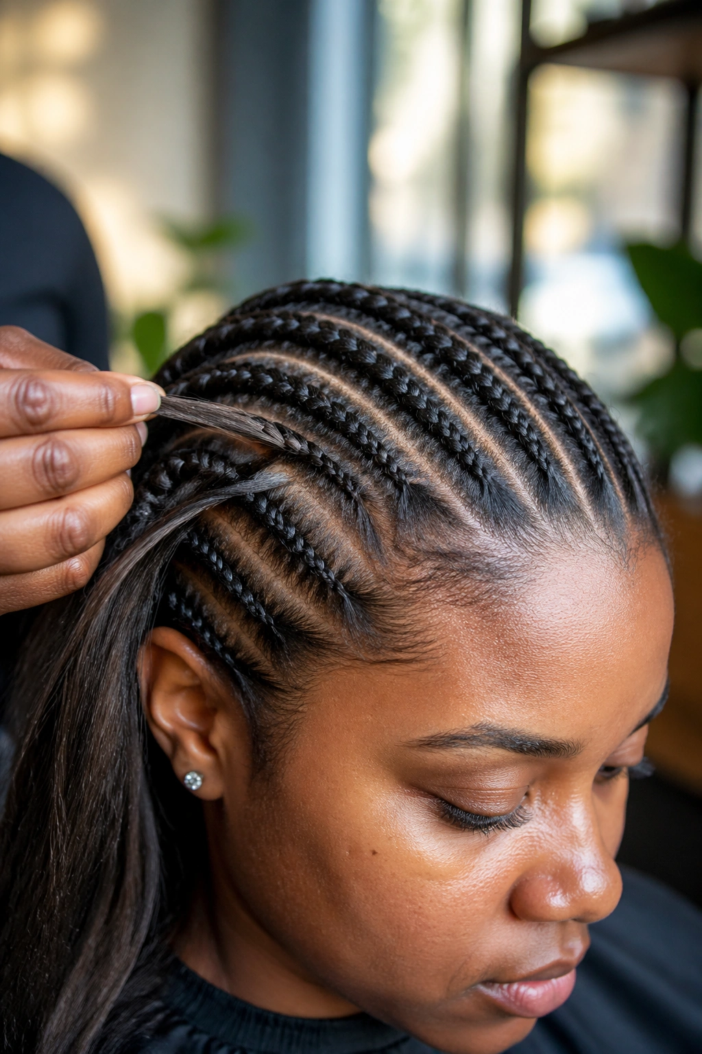 Close-up of a real woman's head with extensions feeding in and blending with natural hair
